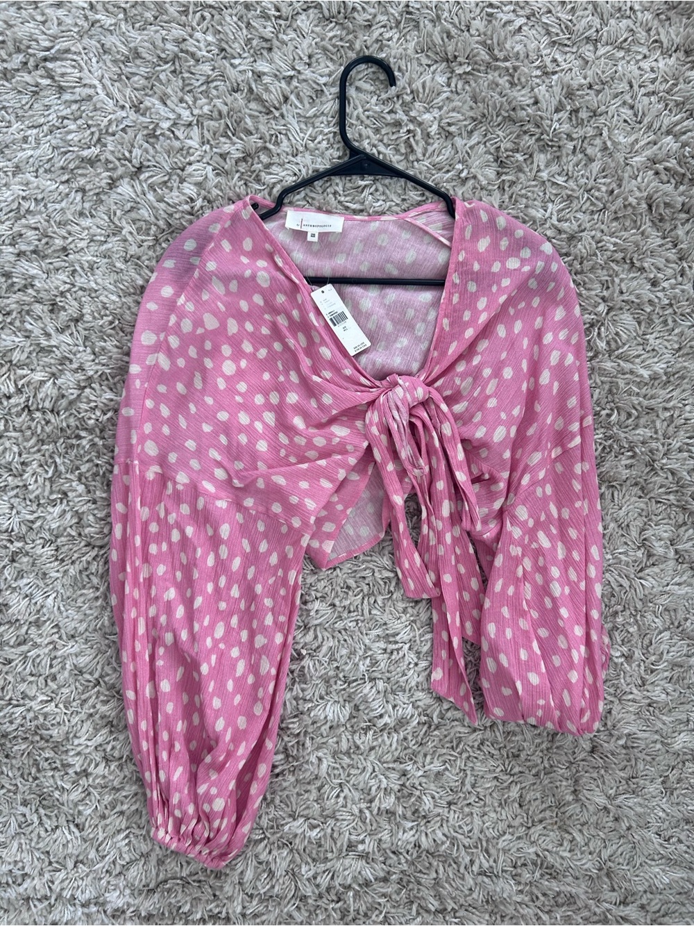 Anthropologie Top Pink White Polka Dot Wrap Tie Front Crop Kimono NWT